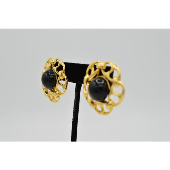 Vintage Cabochon Earrings Chain Link Round Gold Black Beaded Chunky NOS 1980s 9H - Picture 3 of 9
